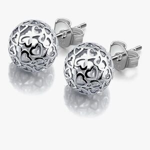 Silver Heart Filigree Ball Stud Earrings Sterling Silver 925 Post Backs